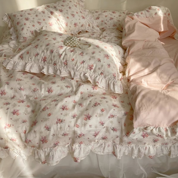 Soft Pink Floral Cotton Duvet Cover Set | Princess Lace Ruffle Duvet Cover | Cottagecore Decor | Floral Bedding | Twin Full Queen Duvet
