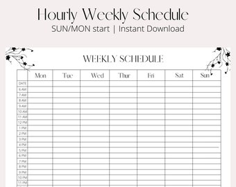 Hourly Weekly Schedule, Weekly Planner Printable, Week At a Glance, Weekly Agenda, Weekly To Do List, A4 Size Instant PDF