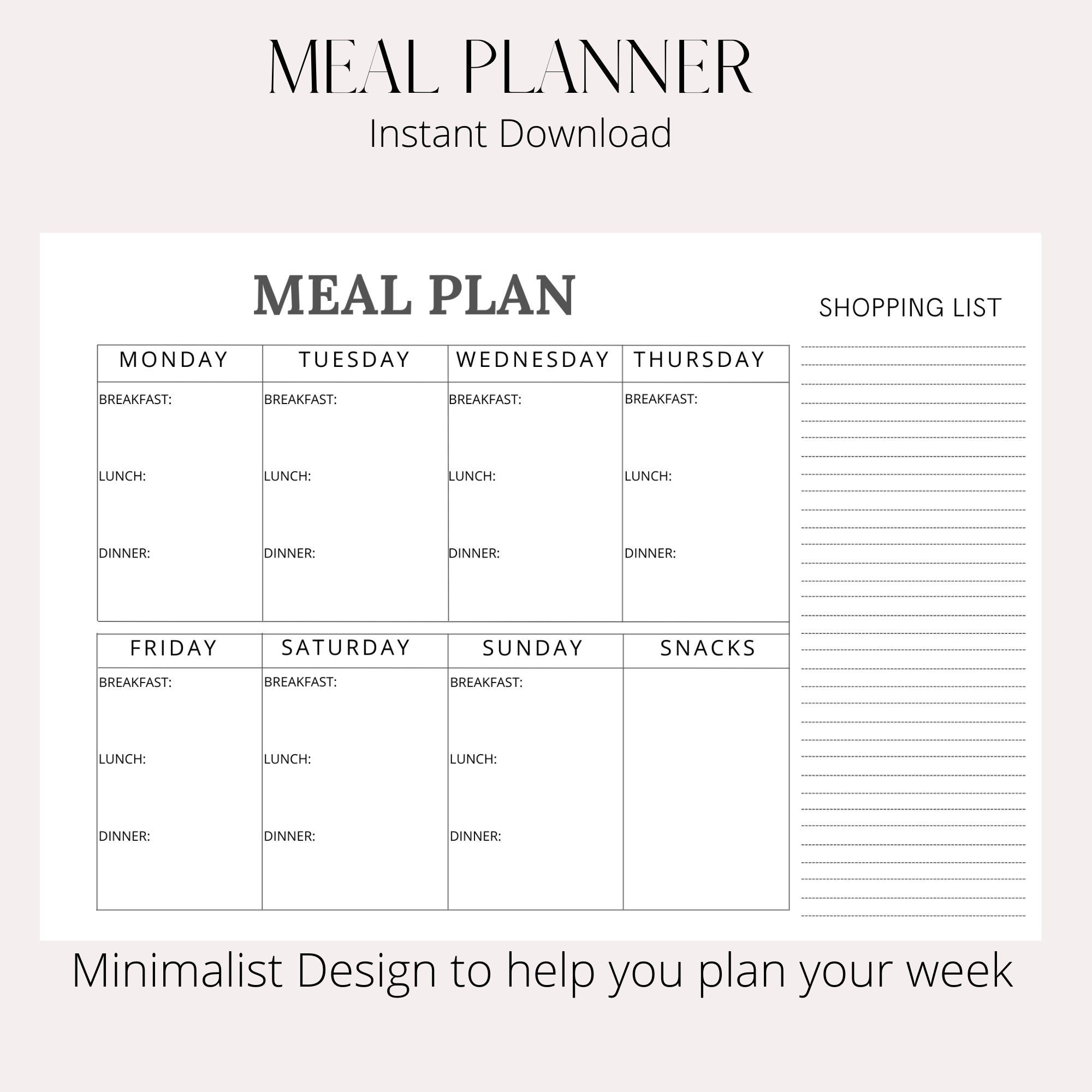 A4 Printable Meal Planner, Food Planner, Shopping List, Fitness Planner