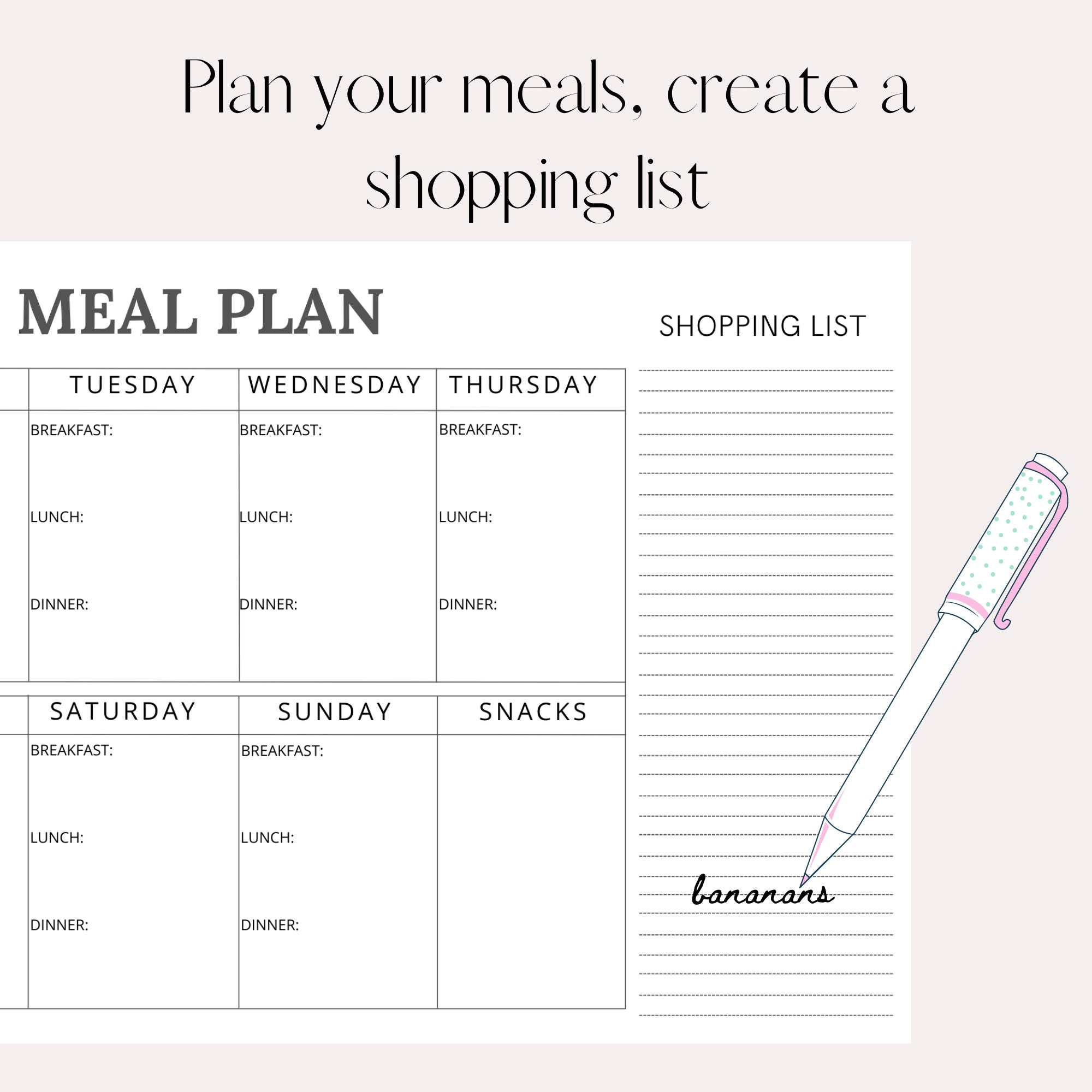 A4 Printable Meal Planner, Food Planner, Shopping List, Fitness Planner
