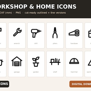 Op de afbeelding: Een digitale collectie Workshop & Home iconen met 48 zwarte lijntekeningen, waaronder een hamer, moersleutel, boormachine, tang, handzaag, gereedschapskist, kookpot, garage, plant in pot, plank, veiligheidshelm en een waarschuwingsdriehoek.
