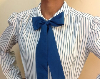 vintage teal white stripe bow tie secretary blouse