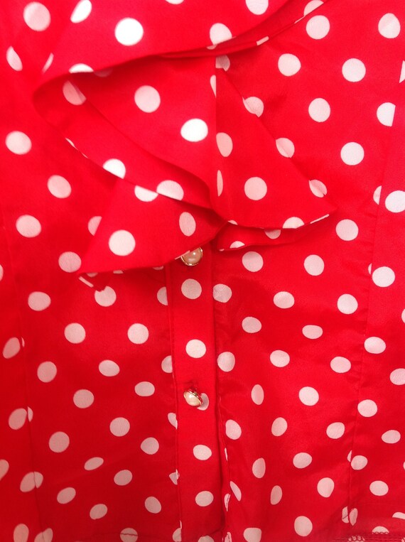 vintage red white polka dot bow tie ruffle blouse - image 4