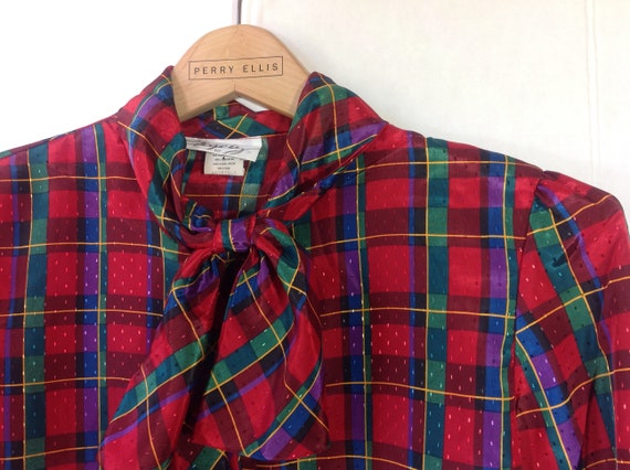 vintage red blue green tartan plaid bow tie blouse - image 2