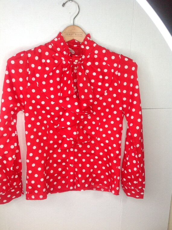 vintage red white polka dot bow tie ruffle blouse - image 3