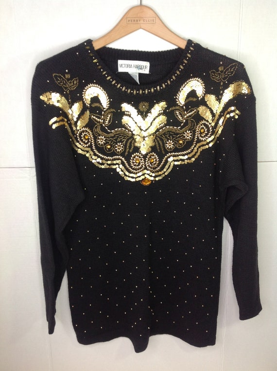 vintage 1990's black gold sequin beaded knit long 