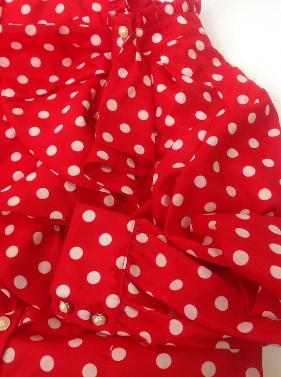 vintage red white polka dot bow tie ruffle blouse - image 1