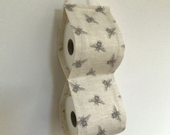 Handmade Grey Bee Toilet Roll Holder Vintage Linen Look Fryetts Fabric Lined