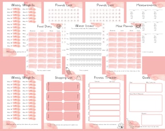 May include: A pink and white printable planner with sections for weekly weigh-in, pounds lost, food diary, water intake, meal planner, measurements, shopping list, fitness tracker, and goals. The planner has a watercolor background and includes a variety of icons and graphics.