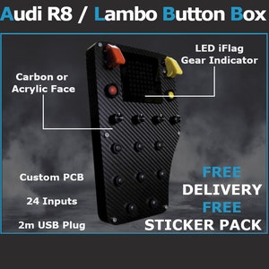Puede incluir: Una caja de botones negra con una cara de fibra de carbono o acrílico, 24 entradas, un enchufe USB de 2 metros y un indicador de marcha LED iFlag. La caja también incluye entrega gratuita y un paquete de pegatinas.