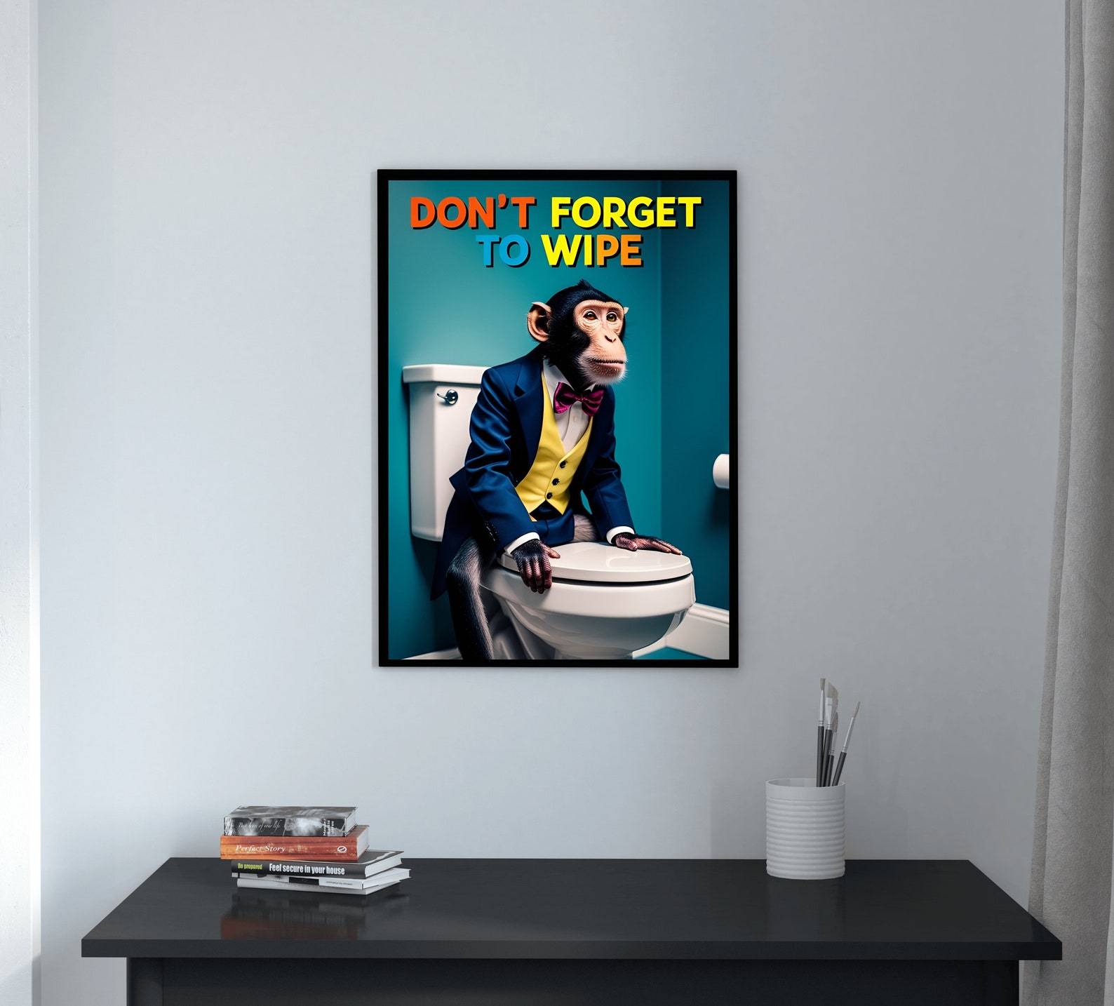 Framed Toilet SERIES 11, Funny Bathroom Wall Art Toilet, Monkey Poster ...