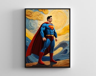 Van Gogh serie #12, Superman poster, kunst aan de muur Marvel, superheld wand decor, Marvel kunst, Superman kunstwerk, Superman print, afdrukbaar