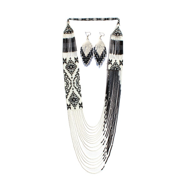 Collier de perles de style amérindien blanc et noir - Collier de perles ukrainiennes Collier de perles de rocaille fait main, collier de perles ethnique tribal