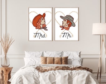 May include: Two printable art prints with illustrations of a woman and a man wearing cowboy hats. The woman's print has the text "Mrs." and the man's print has the text "Mr."