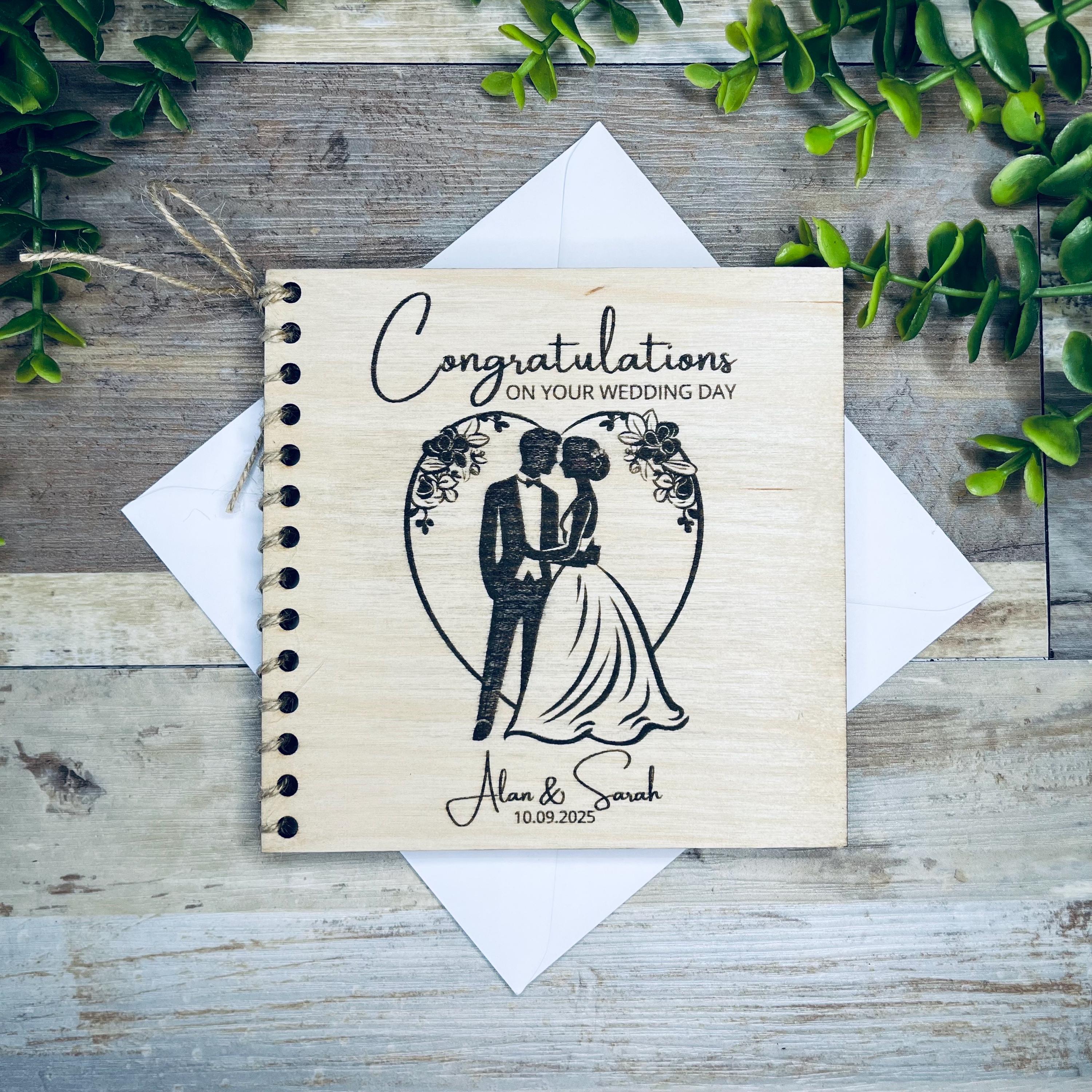 Personalized Wooden Wedding Card,  Custom Engraved Gift for Couple, Rustic Wooden Wedding Gift, Bride & Groom Keepsake, Congratulations Card