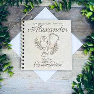 Personalized First Communion Wooden Card, Custom Grandson Gift, Christian Keepsake, Baptism, Christening unique gift, Card for godson,