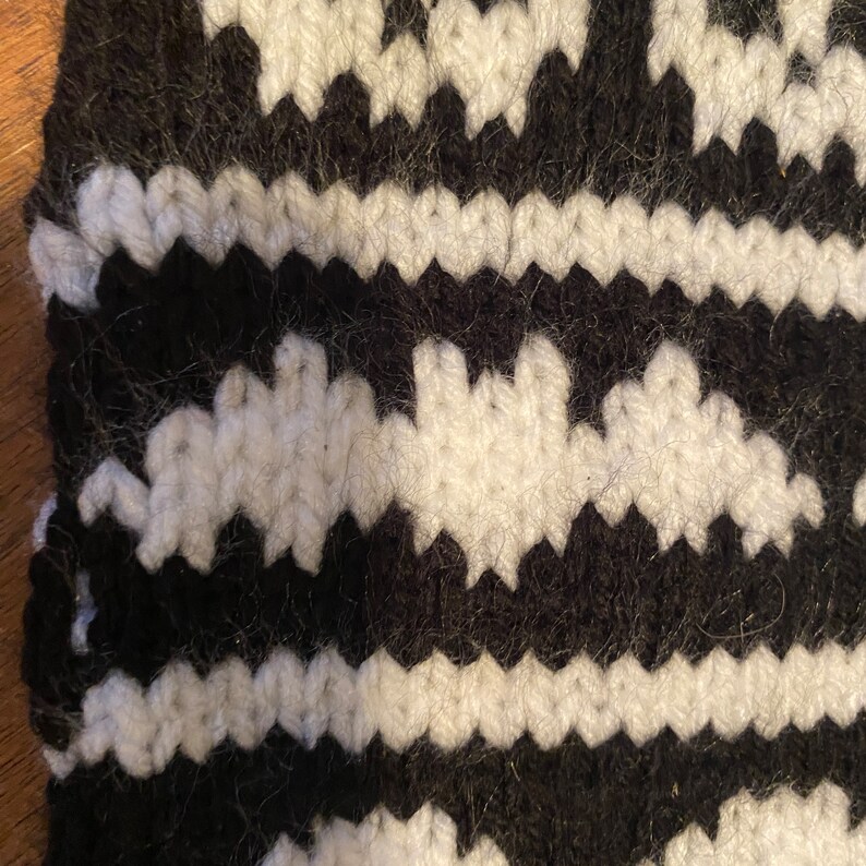 May include: Close-up of a black and white knitted fabric with a geometric pattern. The fabric is soft and fuzzy, with a slightly textured surface.