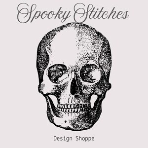 May include: Black and white illustration of a human skull with a detailed drawing style. The skull is facing forward with a slight smile. The text "Spooky Stitches" is above the skull and "Design Shoppe" is below the skull.