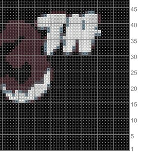 May include: A pixel art design of a brown and white creature with a blue and white head. The creature is on a black background with a grid pattern.
