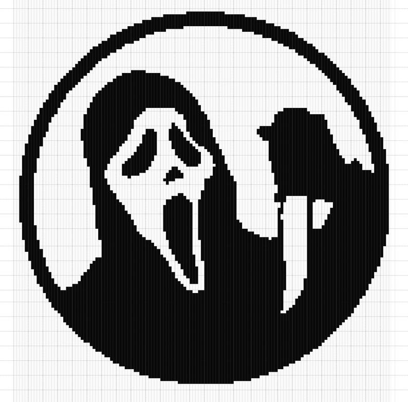 May include: Black and white pixel art of a ghost wearing a mask with a scream face. The ghost is holding a knife. The image is in a circle.