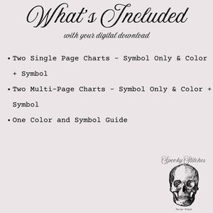 May include: A digital download for a cross-stitch pattern includes two single-page charts, two multi-page charts, and a color and symbol guide. The text "What's Included" and "Spooky Stitches" is visible in the image.
