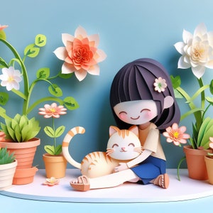 猫を抱きしめる小さな子供 - 3D ペーパー ウォール アート