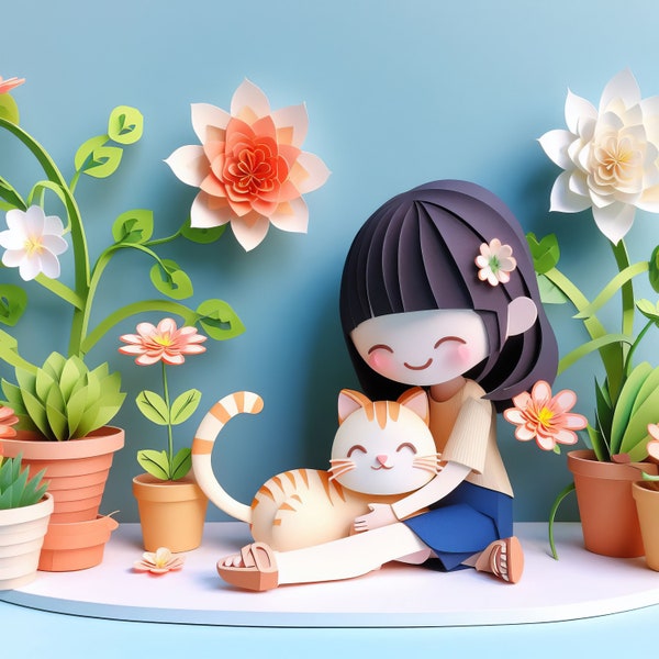 Little Kid Embracing Cat - 3D Paper Wall Art