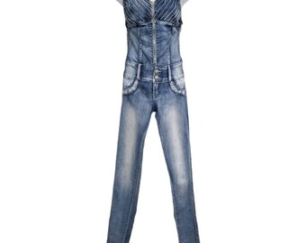 Vintage 1990's Y2K Denim Jumpsuit Fitted Dungarees Overalls Size S With Diamantes and Embroidery by Farina