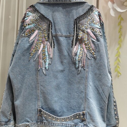 Boho Wings Women's Denim Embroidered Jacket, Bohemian Chic Hippie Jacket, Relaxed Jean Jacket Outwear, Handmade Denim Jacket