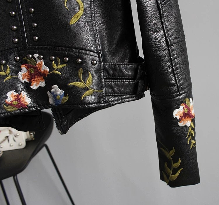 Embroidered Floral Leather Jacket Boho Handmade Faux Leather Etsy