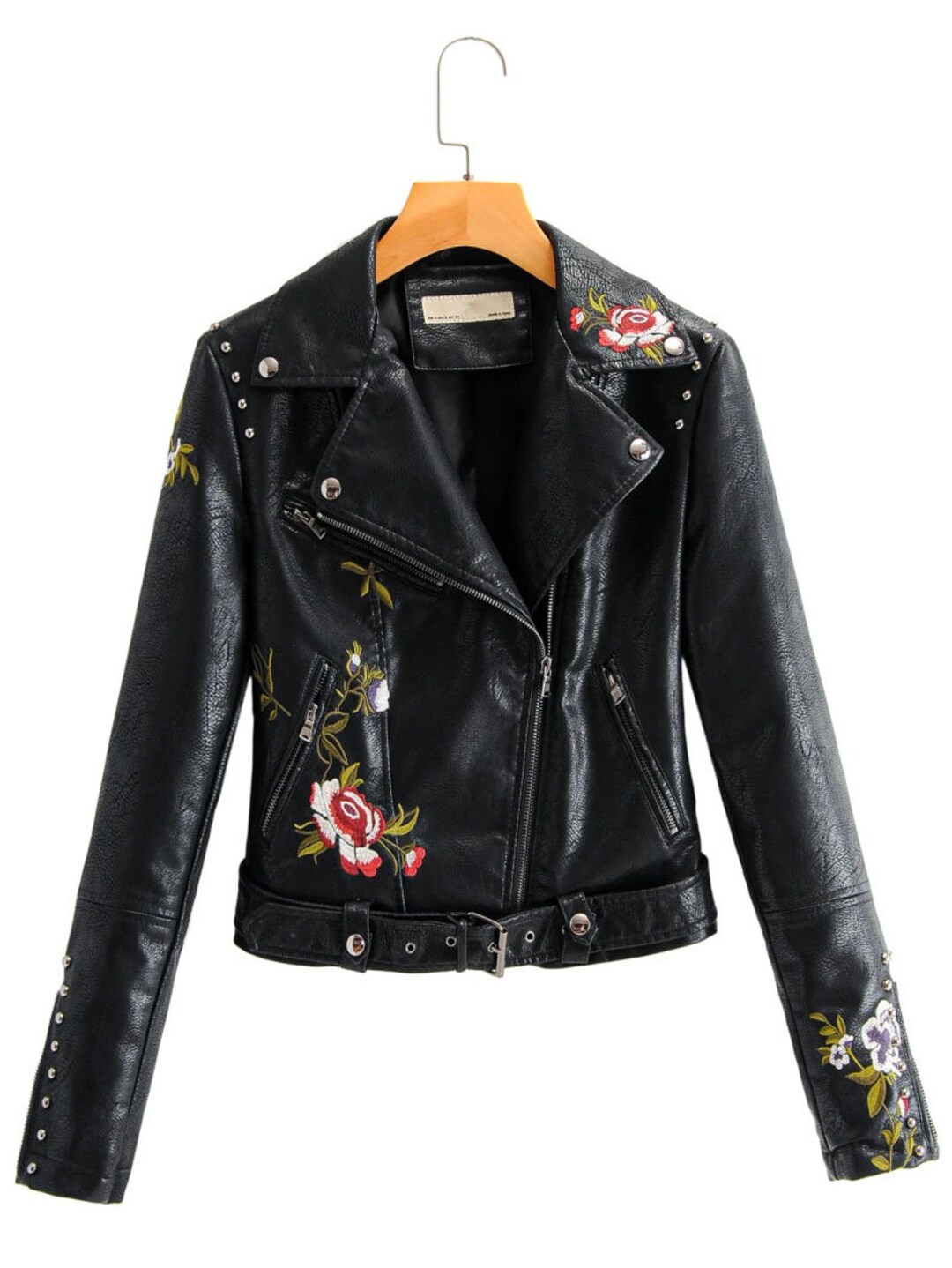 Embroidered Floral Leather Jacket Black & White Boho Handmade Etsy