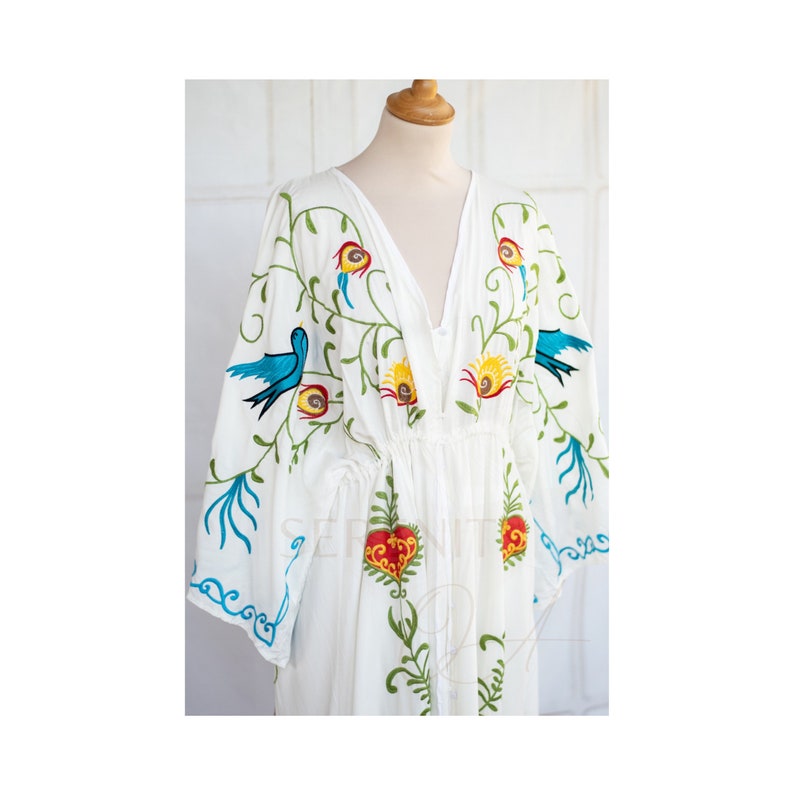 Vestido boho floral largo, trabajo de bordado de pájaros de flores, vestido largo de diosa de verano de estilo vintage colorido imagen 2