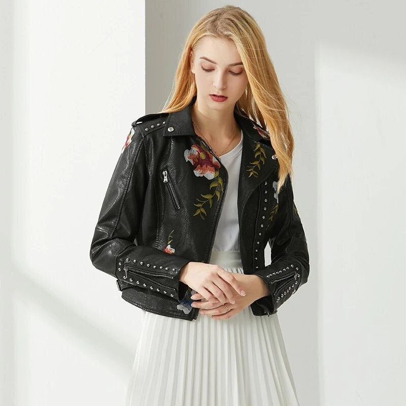 Floral Embroidery Leather Jacket – Deadly Girl