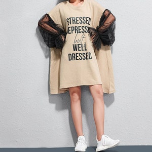 Robe T-shirt surdimensionnée pour femmes, tunique imprimée bien habillée stressée déprimée, robe d'été en coton, pull surdimensionné de motivation image 6
