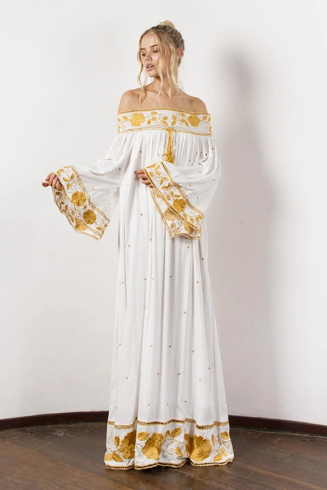 Long White Floral Bohemian Dress Gold Flower Ornaments Etsy