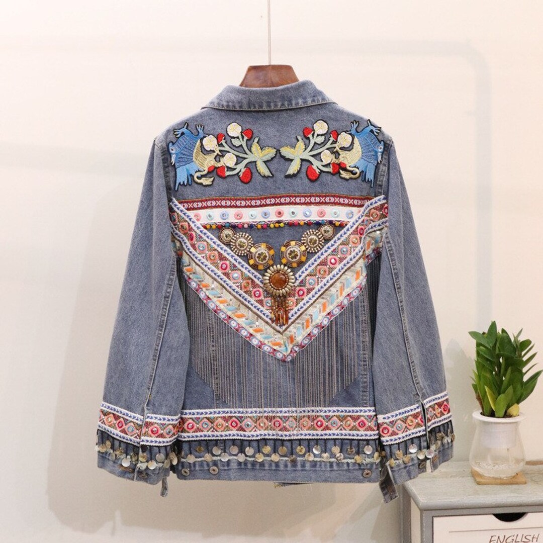 Women's Denim Ethnic Embellished Jacket Boho Chic Hippie - Etsy