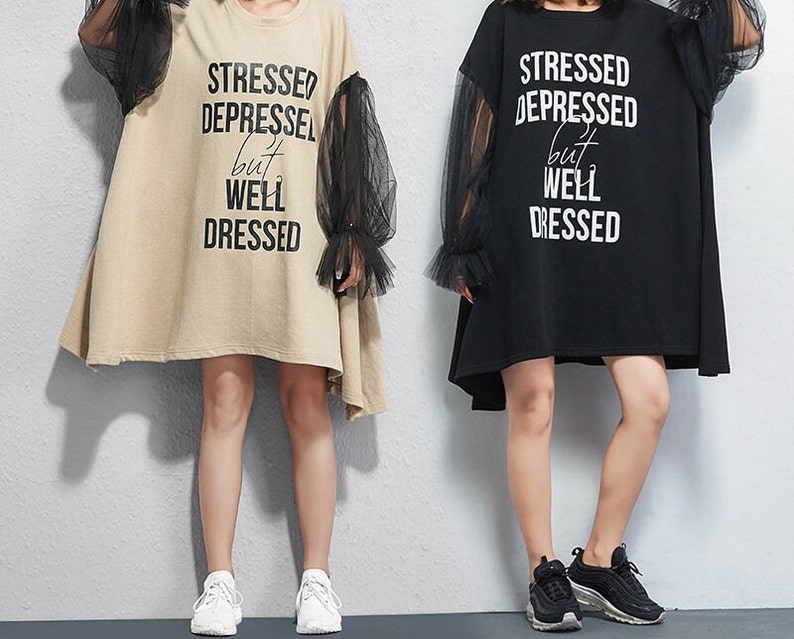 Robe T-shirt surdimensionnée pour femmes, tunique imprimée bien habillée stressée déprimée, robe d'été en coton, pull surdimensionné de motivation image 2