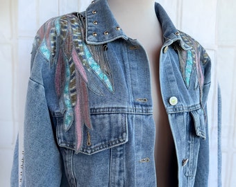 Veste en jean Wings, Veste en jean vintage brodée | Haut bleu style bohème