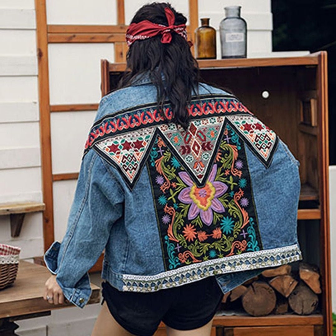 Bohemian Denim Jacket Boho Chic Hippie Embroidered Jacket - Etsy