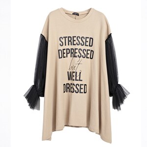 Robe T-shirt surdimensionnée pour femmes, tunique imprimée bien habillée stressée déprimée, robe d'été en coton, pull surdimensionné de motivation image 3