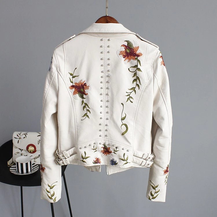 Embroidered Floral Leather Jacket Boho Handmade Faux Leather Etsy