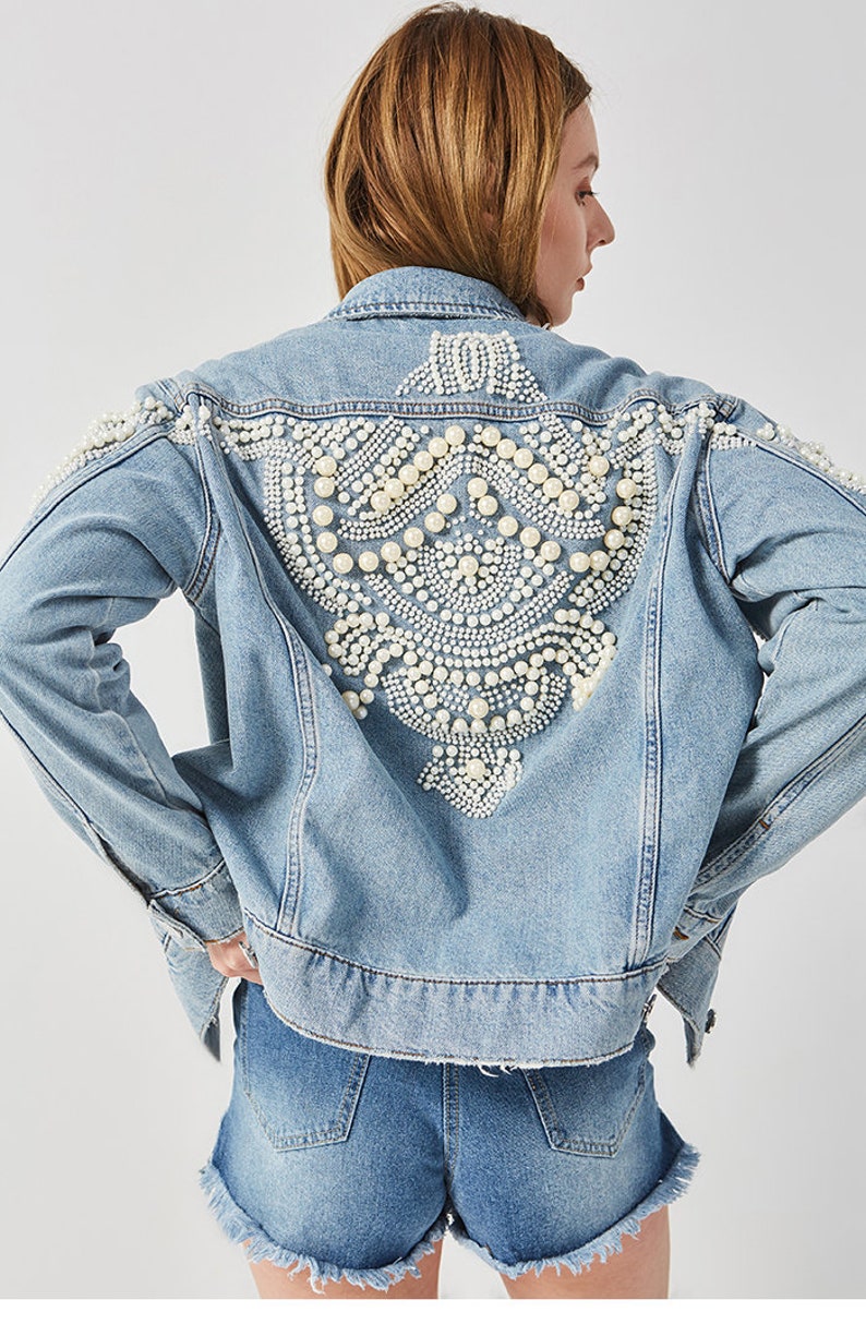 Women's Denim Pearls Embellished Jacket Boho Chic Hippie - Etsy