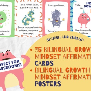 Bilingual Growth Mindset Affirmation Cards (Spanish/English)  | Set of 35 Printable Kids Affirmation Cards | Digital Cards for Kids | PDF