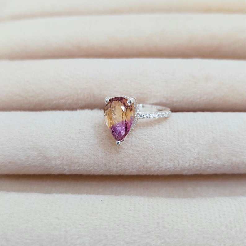 Natural Ametrine Ring: 925 Sterling Silver Engagement Ring, ametrine handmade ring, Bi colour ametrine pear ring image 6