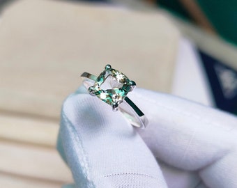 Anillo de amatista verde: anillo de compromiso de plata de ley 925, anillo de amatista verde hecho a mano, anillo de amatista con forma de cojín