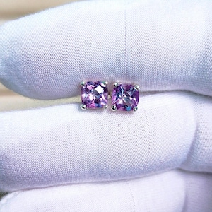 Pendientes de boda con amatista natural Rose de France, pendientes hechos a mano en plata de ley 925, pendientes con corte de tablero de ajedrez y cojín de amatista