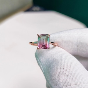Anillo de turmalina sandía, anillo de plata de ley 925, anillo de plata de cuarzo doblete de turmalina, anillo de piedra bicolor de turmalina sandía octogonal