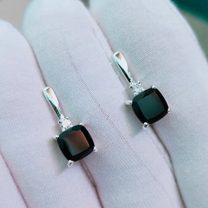 Natural Black Onyx earrings, 925 Sterling silver earrings, Black Onyx cushion cut Russian lock earrings, Onyx wedding handmade earrings,