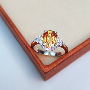 Yellow Sapphire Halo Ring: Oval Cut, Sterling Silver ring, Lab Grown yellow sapphire handmade ring, Sapphire engagement ring