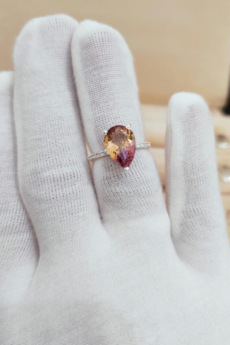 Natural Ametrine Ring: 925 Sterling Silver Engagement Ring, ametrine handmade ring, Bi colour ametrine pear ring image 4